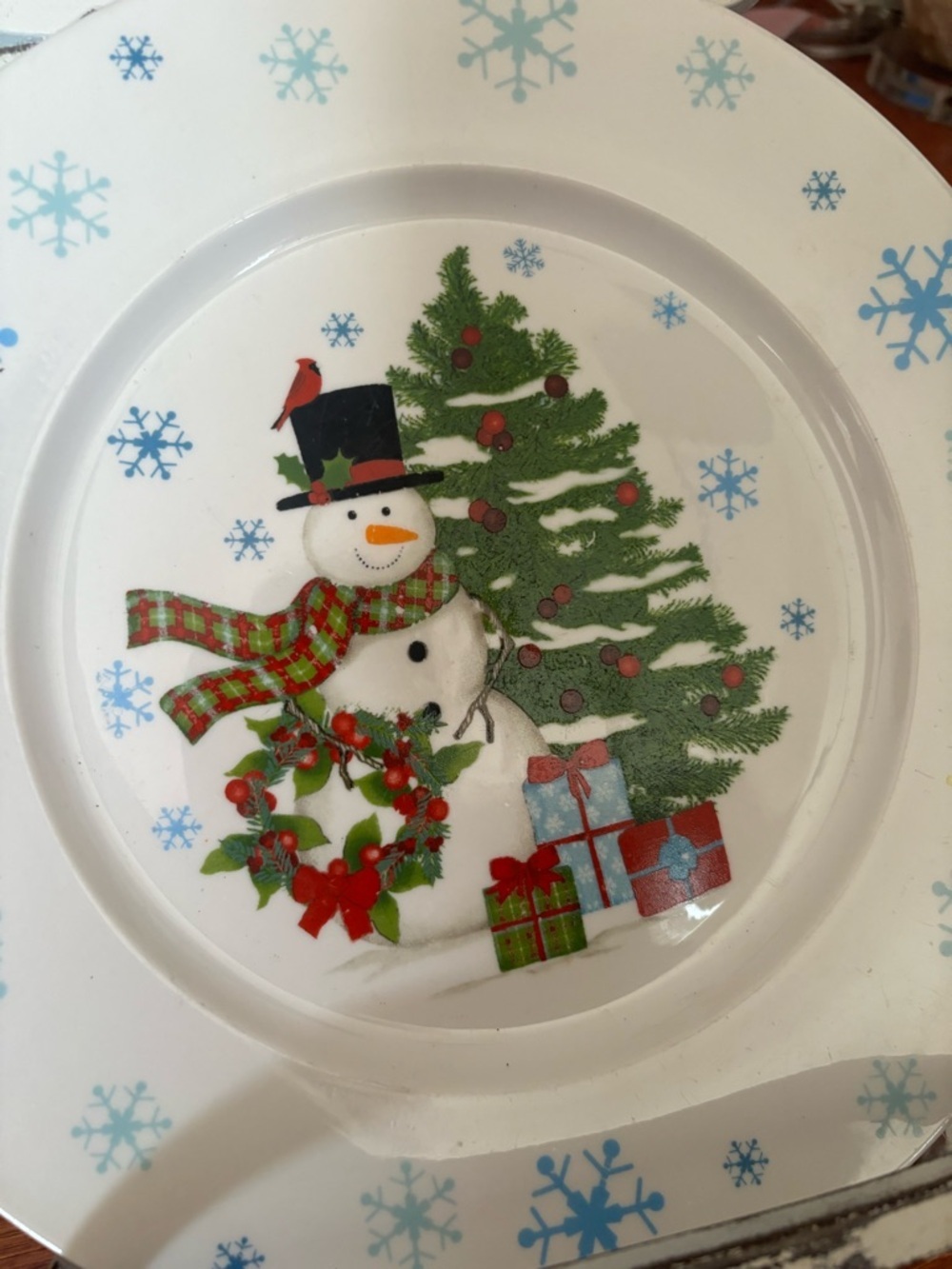 Holiday Snowman & Christmas Tree Decorative Plate - White/Green/Red - Picture 3 of 5